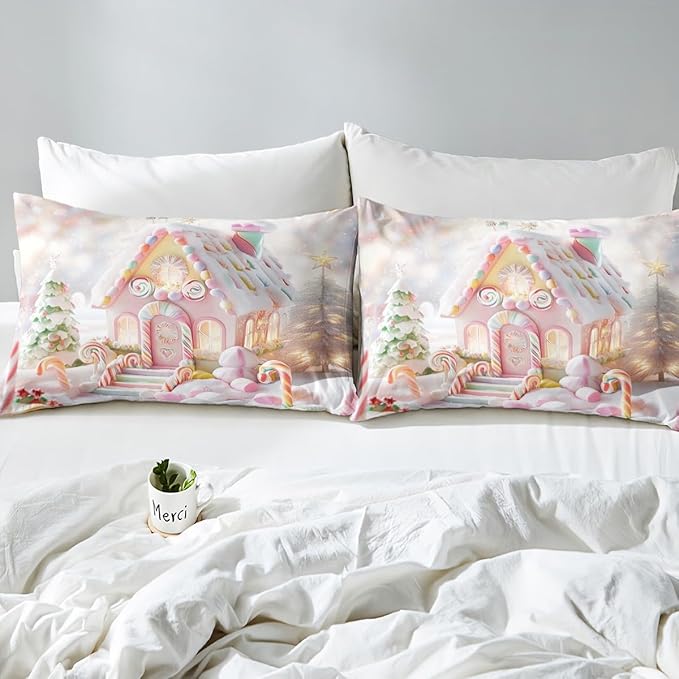 Manfei Christmas Kids Duvet Cover Set Twin Size, Cute Candy Cabin Xmas Bedding Set for Boys Girls Room Decor, New Year Theme Comforter Cover, Lightweight Bedspread Cover, 1 Pillowcase, No Comforter