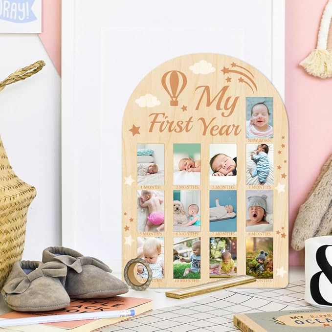 ORIGACH My First Year Baby Growth Photo Display Wood Board - 12 Months Newborn Milestones Picture Frame - Neutral Baby Keepsake Board 1st Birthday Party Nursery Decor New Mom Gift - Hot Air Balloon