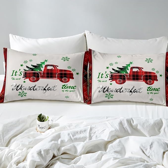 Manfei Xmas Truck Duvet Cover Set Queen Size, Christmas Tree Snowflake Print Bedding Set 3pcs for Kids Boys Girls Bedroom Decor, Red Plaid Print Comforter Cover with 2 Pillowcases,No Comforter