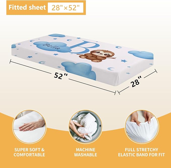 Personalized Baby Bedding Set, 5 Pcs Custom Baby Crib Sets with Name, Toddler Bedding Set for Baby Girls Boys, Blue Sloth Double Layer Nursery Bedding Set, Customized Gifts for Infants Kids