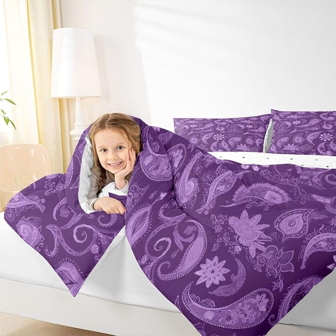 Feelyou Vintage Purple Floral Bedding Set King Size, Paisley Floral Comforter Set Boho Floral Comforter for Kids Toddler Paisley Duvet Set Microfiber Bed Set