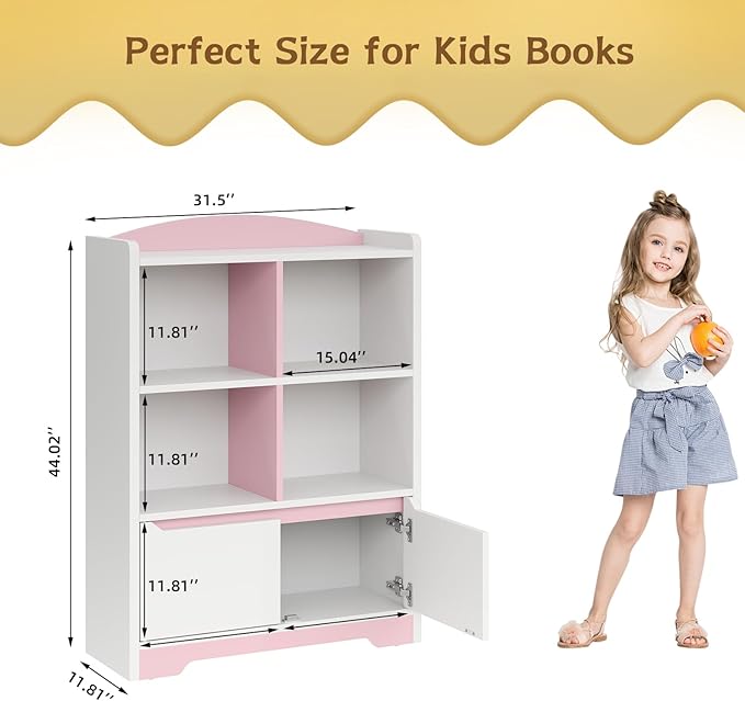 Kids Bookshelf and Toy Organizer, 2 Tier Kids Book Shelf for Kid Rooms with 2 Doors, 4 Cubes Storage Organizer,Wood Children Bookcase,Freestanding Toddler Book Display Shelf for Playroom