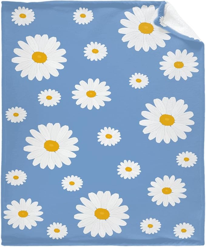 Thuswarm Floral Daisy Flowers Blue Flannel Throw Blanket Gifts Warm Cozy Soft Funny Print Blankets for Summer Room Decoration Bed Couch Sofa 120”×90” Extra Large for Family