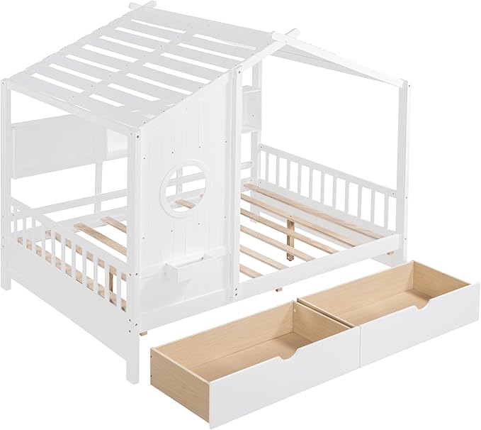 Harper & Bright Designs Full Size Modern House Bed with Roof, Wooden Twin Size House Bed with 2 Drawers and Storage Shelf, Gray