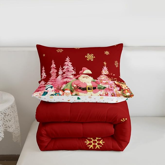 jejeloiu Merry Christmas Comforter Set Full Size Santa Claus Bedding Set for Kids Boys Girls Cute Deer Duvet Quilt Red Bedroom Decor