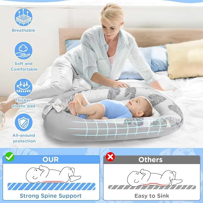 JIFTOK Baby Nests Lounger for Newborn, Snuggle Bassinet for 0-24M, Breathable Portable Co Bed, Baby Essentials Adjustable Infant Soft Cotton Loungers for Home & Travel -Leaves