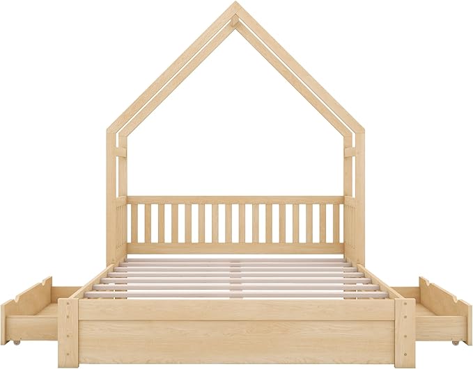 Bellemave Queen Size Wood House Platform Bed with 2 Drawer for Toddlers and Baby, Modern Montessori Platform Bed Frame, No Box Spring Required, Low Floor Bed for Kids' Room or Baby Room (Natural)