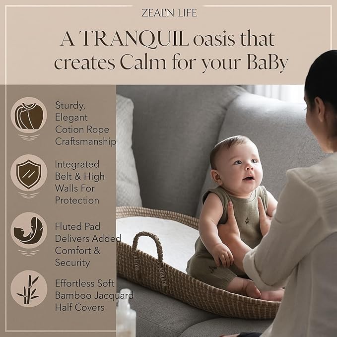 ZEAL'N LIFE Seagrass Baby Changing Basket, Diaper Basket, Baby Towel & Baby Changing Pad and Waterpoof Cover, Premium Handmade Seagrass, Moses Baskets for Newborn (Light Brown)