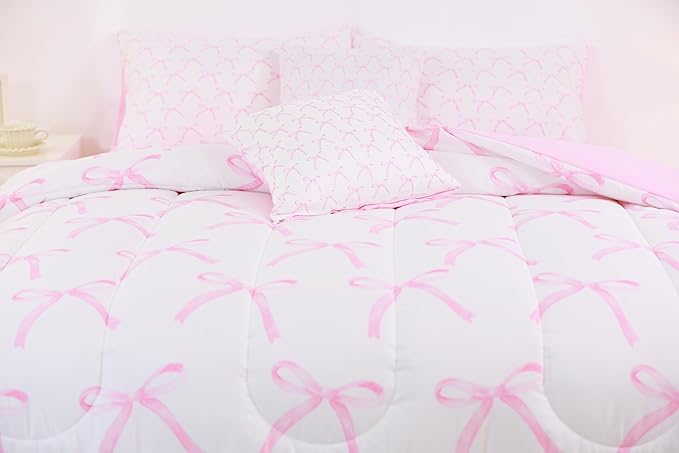 7 Pieces Cartoon Bowknot Kids Comforter Twin,Pink Bow Tie Butterfly Knot Princess Bedding Set,Watercolor Bow Patchwork Pink White（Comforter+Fitted+Flat Sheet+2 Pillowcases+2 Throw Pillow Covers）