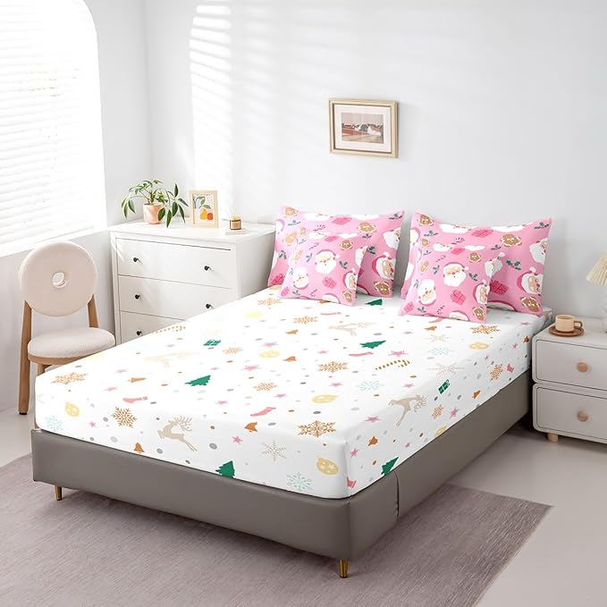 Christmas Gingerbread Man Kids Bedding Set Cartoon Christmas Santa Claus Comforter Set with Sheets for Boys Children Decor Pink Bed in a Bag New Year Bed Set 7Pcs Queen Size