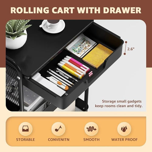 3 Tier Rolling Cart with Drawer, Metal Rolling Utility Cart on Wheels with Pegboard, Art Cart Storage Organizer with Tabletop for Living Room, Office, Bedroom (Black)