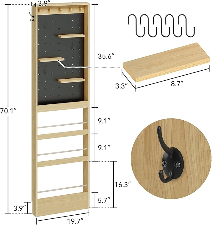 ELECWISH Kids Bookshelf, Behind The Door 70" Tall Bookcase with Open Display Shelves, Wall Mounted Space-Saving Narrow Book Shelf with Pegboard for Children's Study Living Room, Nursery