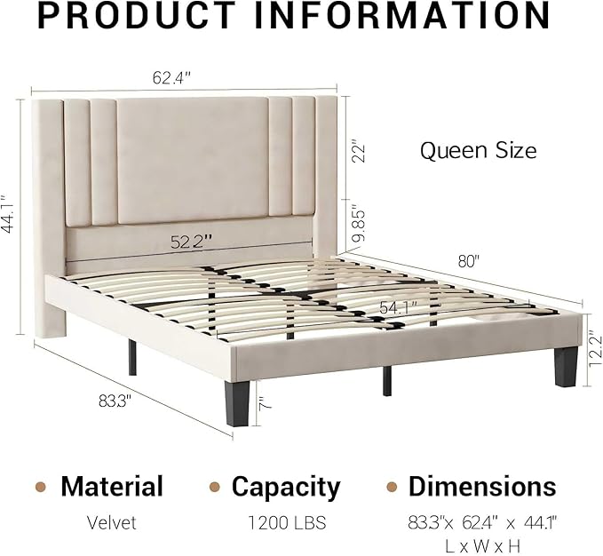 Tyndall Queen Size Bed Frame, Velvet Upholstered Platform with Headboard, Beige