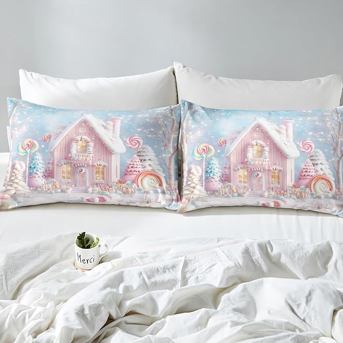 Manfei Christmas Kids Duvet Cover Set King Size, Cute Xmas Cabin Trees Bedding Set for Boys Girls Room Decor, New Year Theme Comforter Cover, Lightweight Bedspread Cover, 2 Pillowcases, No Comforter