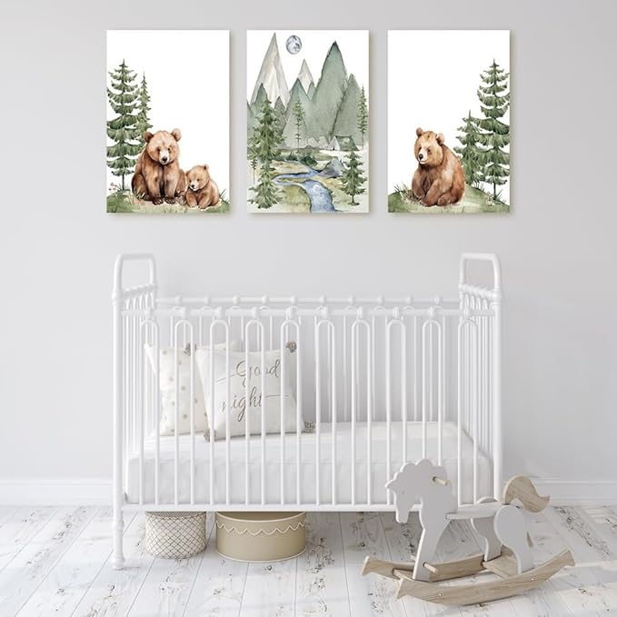 Baby Bear Nursery Wall Art, Cute Bears Wall Decor, Watercolor Green Mountain Forest Wall Art, Woodland Camping Nursery Decor Print, Nature Art for Boy Girl Toddler Bedroom, Framed Canvas, 12"x16"x3