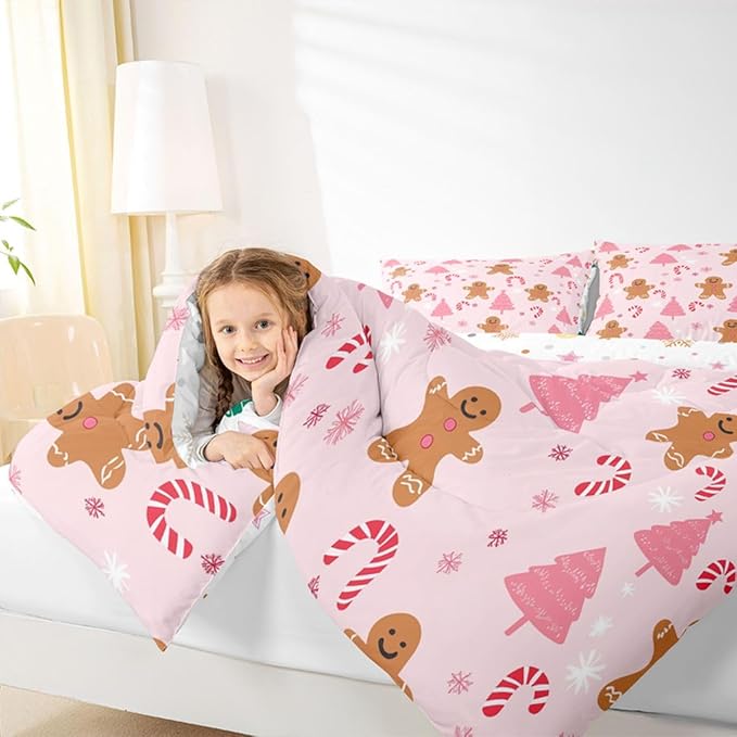 Feelyou Cute Gingerbread Man Comforter Set All Season Pink Christmas Tree Bedding Set with 2 Pillow Cases Candy Cane Kids Full Snowflake Room Decor Christmas Duvet Quilt Breathable Soft Lightweight