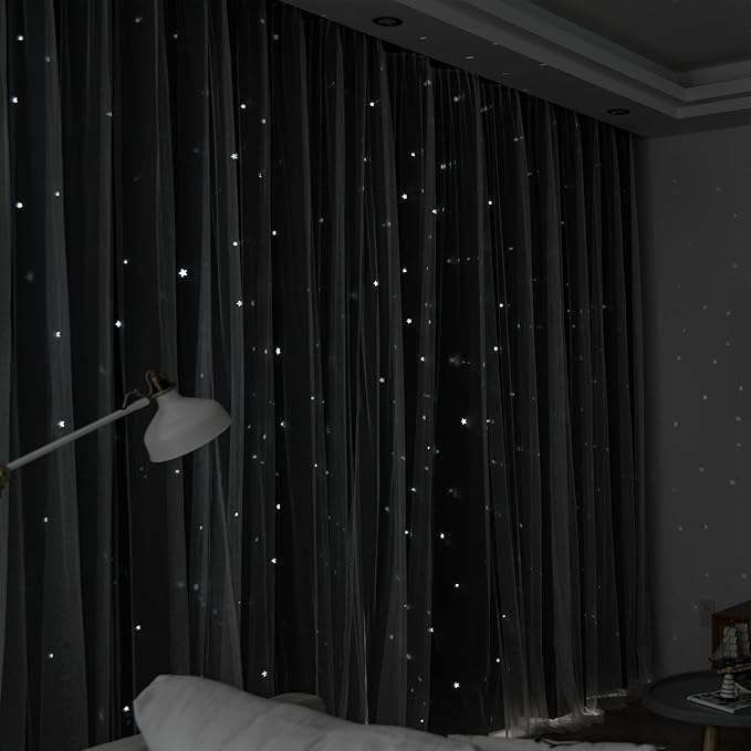Kinryb Kids Blackout Curtains for Bedroom/Living Room/Classroom, Sheer Overlay 2 Free Tiebacks, Double Layer Curtains with Star Cutout for Kids Room(Each Piece W 70 x L 95 Inches 2 Pcs Black)