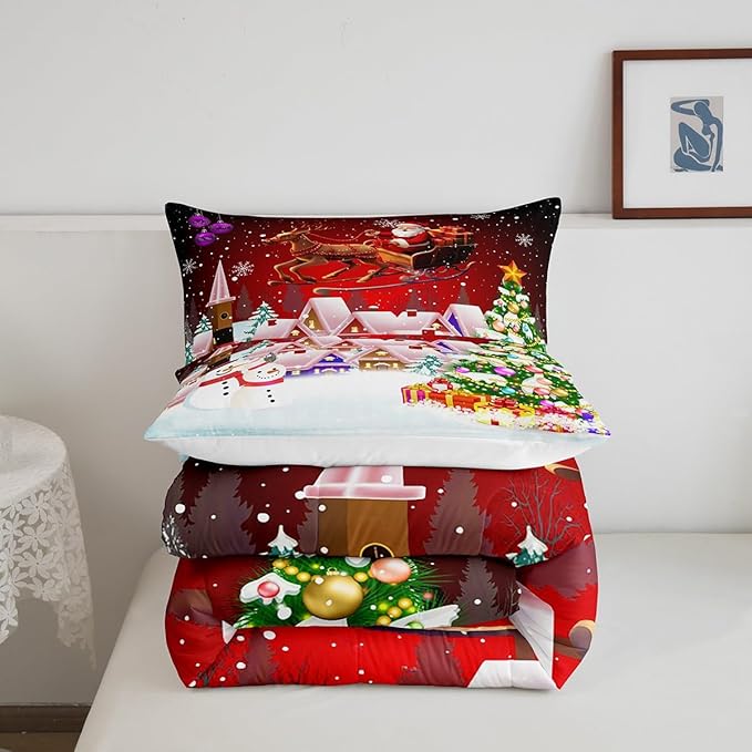 Manfei Christmas Comforter Set Queen Size, Snowman Xmas Tree Bedding Set 3pcs for Kids Boys Girls Room Decor, Santa Claus with Reindeer Quilt Set New Year Theme Duvet Set with 2 Pillowcases