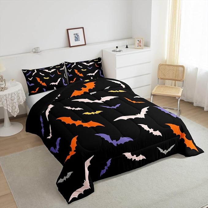 Erosebridal Bat Quilt Halloween Bedroom Decor Bedding Set Toddler Size for Kids Teens Adults Bedroom Purple Gothic Bat Comforter Set with 1 Pillow Case,Spooky Duvet Insert