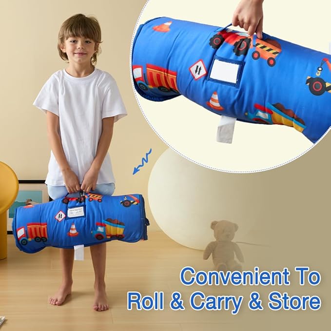beeweed Toddler Nap Mat, Rollup Design Kid Sleeping Mat with Removable Pillow & Minky Blanket, Toddler Sleeping Bag for Daycare Preschool Travel Camping