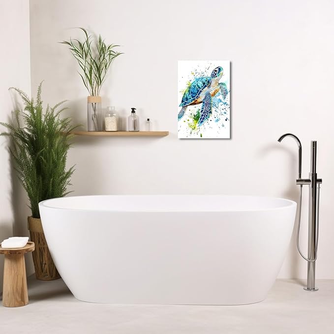 AWPANERAR Sea Turtle Wall Art Bathroom Pictures Watercolor Sea Life Canvas Prints Ocean Animal Poster Nautical Theme Artwork for Kids Room Nursery Decor Framed (White, (18L x 12W))