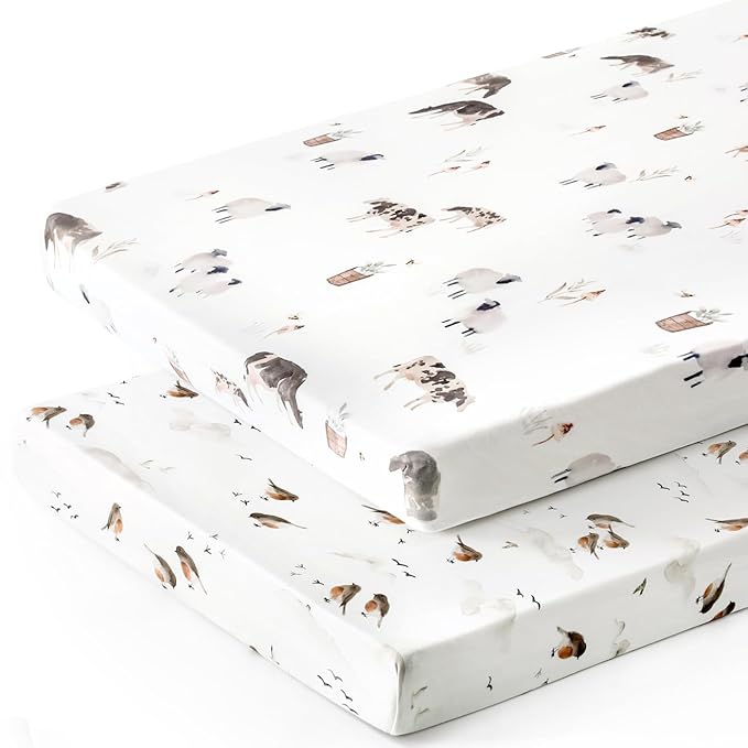 Pack n Play Sheets Fitted 2 Pack, Stretchy Ultra Soft Jersey Knit Pack and Play Sheets, Universal Fitted Portable/Mini Crib Mattresses Snug and Safe, Stylish Pattern for Boy and Girl