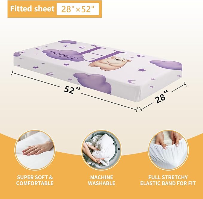 Custom Crib Bedding Set, 5 Pcs Personalized Nursery Bedding Sets with Name, Infant Bedding Set for Baby Girl Boy, Purple Polar Bear Double Layer Baby Crib Set, Toddlers Babies Customized Gifts