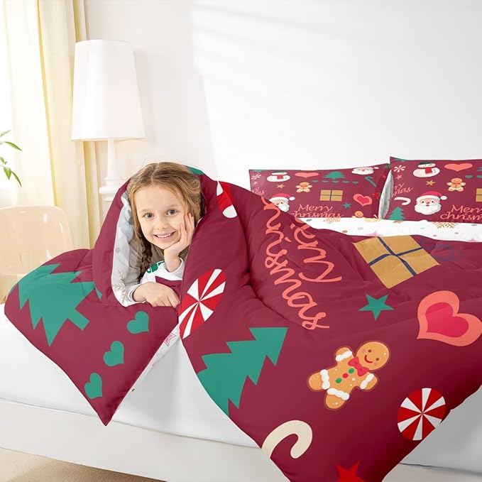 Feelyou Merry Christmas Comforter Set All Season Santa Claus Snowman Bedding Set with 1 Pillow Cases Gingerbread Man Microfiber Kids Toddler Bedclothes Xmas Tree Deer Bedroom Decor Duvet Quilt Soft