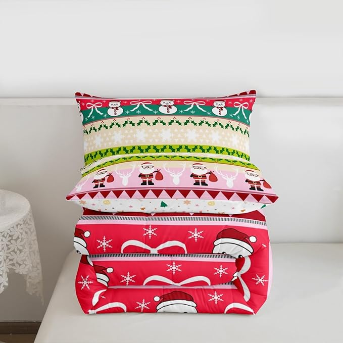 Feelyou Merry Christmas Tree Bedding Set Soft for Boys Girls, Cute Snowman Comforter Set Toddler Size Santa Claus Duvet Quilt Microfiber Cartoon Bowknot Bedroom Decor 2 Pcs with 1 Pillow Cases