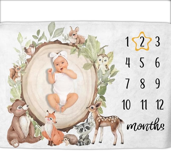 OLIVE OLIVIA Cartoon Baby Monthly Milestone Blanket, First 12 Months Baby Milestone Blanket for Baby Girls, Baby boy Blankets, Perfect Baby Blanket Gifts with Pentagram Frame, 50"x60"