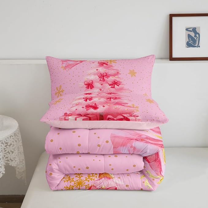 Erosebridal Xmas Tree Full Bedding Sets Merry Christmas Comforter Sets for Kids Boys Girls Teens Snowflake Decorations Down Comforter Princess Bow Pink Decor Duvet Insert