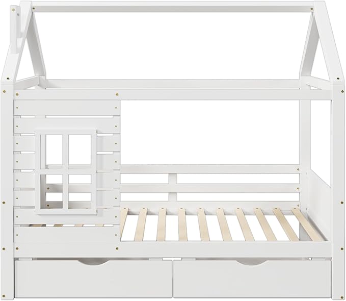 Aoowow Full Size Kids House Bed with 2 Drawers, Wooden Full Bed Frame with Window and Roof for Bedroom, Modern Full Size Kid Playhouse Daybed with Slats for Boys Girls, Can be Decorated, Full-White