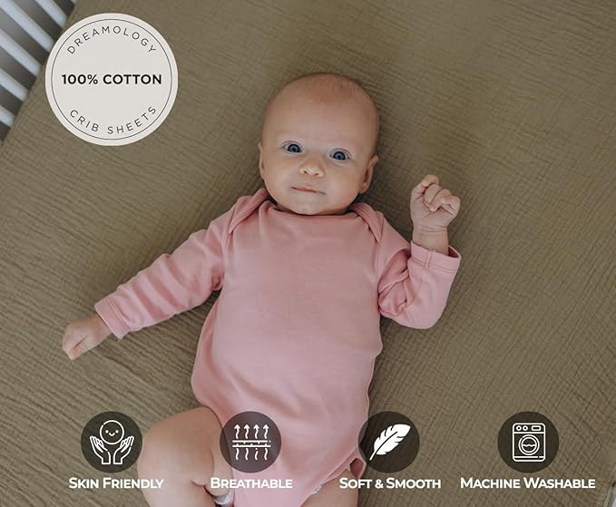 Dreamology Standard Crib Sheets, Muslin Crib Sheets, 2 Pack,100% Cotton Crib Sheet for Boys,Girls, Muslin Crib Sheet for Standard Crib, 52x28 Crib Mattress Sheets | Olive and Ecru