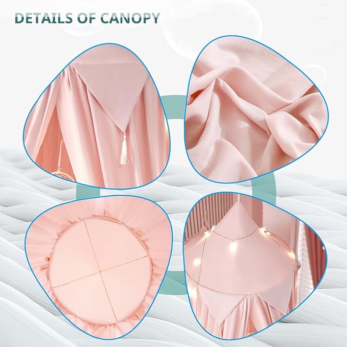 Akiky Bed Canopy for Girls with Lights Princess Dream Catcher for Kids Reading Nook Bed Tent for Twin Full Queen Size Bed,Room Decor (Beige Pink)