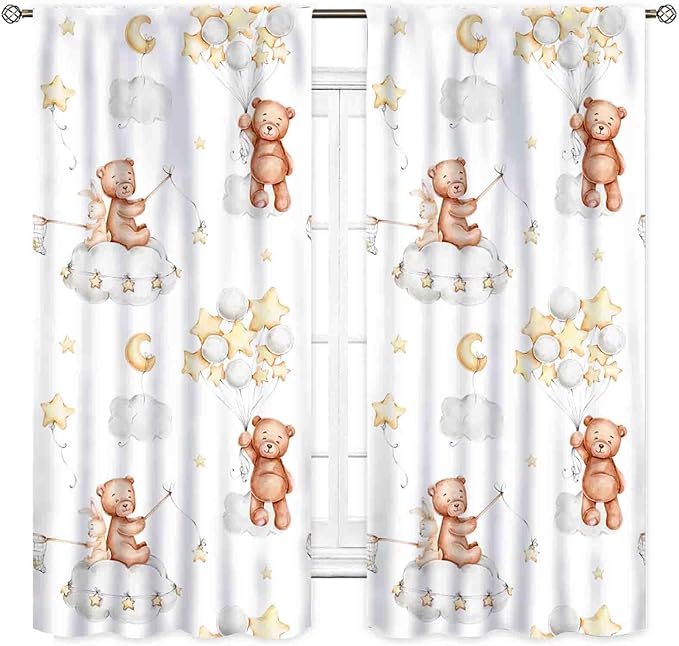 Cartoon Bear Curtains, Kids Boys Girls Cute Lovely Bear Star Cloud Ballon Pastel Window for Baby Living Room Bedroom Nursey Toddler Classroom 2 Panels, 63"x72" Inch
