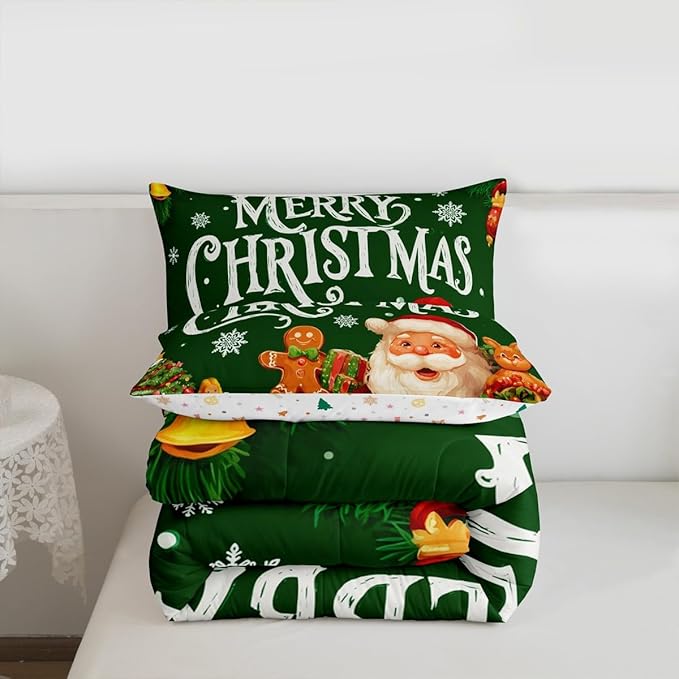 Feelyou Green Christmas Comforter Set All Season Santa Claus Bedding Set with 2 Pillow Cases Gingerbread Microfiber Kids Queen Bedclothes Bedroom Decor Duvet Quilt Breathable Soft