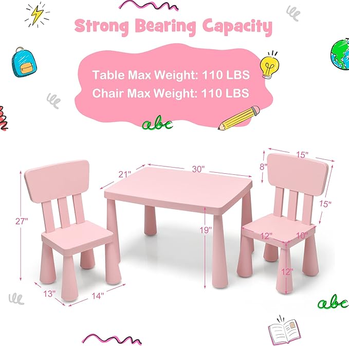 HONEY JOY Kids Table and Chair Set, Plastic Children Activity Table and 2 Chairs for Art Craft, Easy-Clean Tabletop, 3-Piece Toddler Furniture Set for Daycare Playroom, Gift for Boys Girls(Pink)