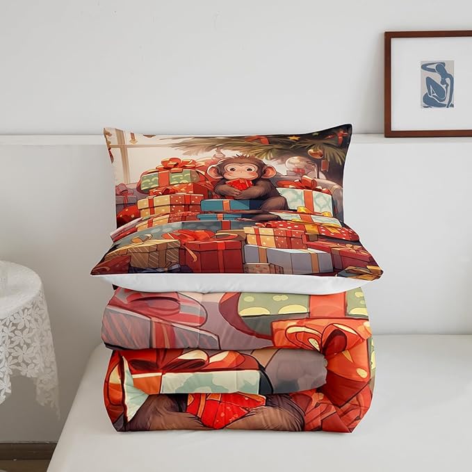 Santa Monkey Comforter Set Full Size,Merry Christmas Holiday Theme Bedding Set 3Pcs,Christmas Tree Decoration Quilt Set Kids Girls Boys Room Decor Cartoon Animal Xmas Style Duvet Insert,2 Pillowcases