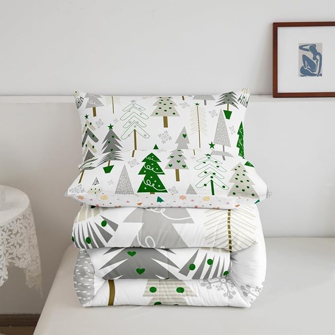 Xmas Trees Comforter Set Toddler Size,Merry Christmas Pine Botanical Boho Hand Drawn Bedding Set for Boys Teens Bedroom,Green Gray Plant Snowflakes Winter Quilted Set with 1 Pillowcase, White