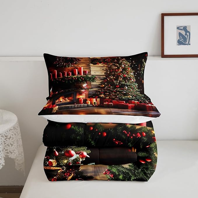 Merry Christmas Bedding Set Full Size,3D Christmas Fireplace Christmas Tree Comforter Set for Kids Boys Girls Room Decor,Xmas Theme Duvet Insert 3Pcs,Retro Wooden Stripes Quilt Set,2 Pillowcases