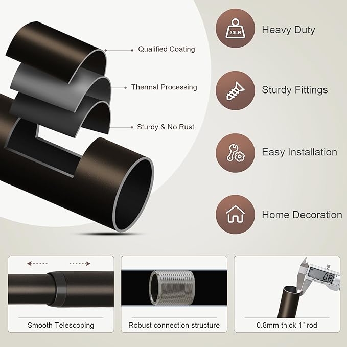 Modern Brown Curtain Rods for Windows 28 to 48 Inches Adjustable Length Heavy Duty 1" Diameter Window Curtain Rod with Decorative Finials for Outdoor Bedroom Kitchen Living Room