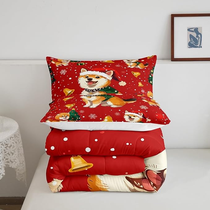 Cartoon Dog Comforter Set King Size,Bell Christmas Tree Star Snowflake Duvet Insert for Kids Boys Girls Room Decor,Cute Corgi Xmas Theme Bedding Set 3Pcs,Merry Christmas Red Quilt Set,2 Pillowcases