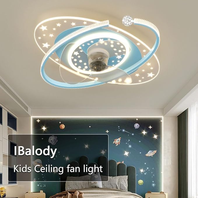 Indoor Ceiling Fans with Lights Remote Dimmable 48W LED Ceiling Lights with Fan Blue Ceiling Fans 6 Speeds Fan Ceiling with Light for Boys Room Bedroom Kids Room