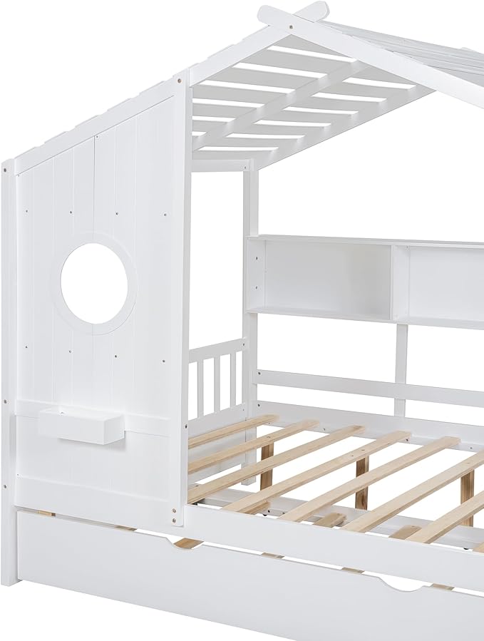 Harper & Bright Designs Full Size Modern House Bed with Roof, Wooden Twin Kids House Bed Frame with Trundle and Storage Shelf, White
