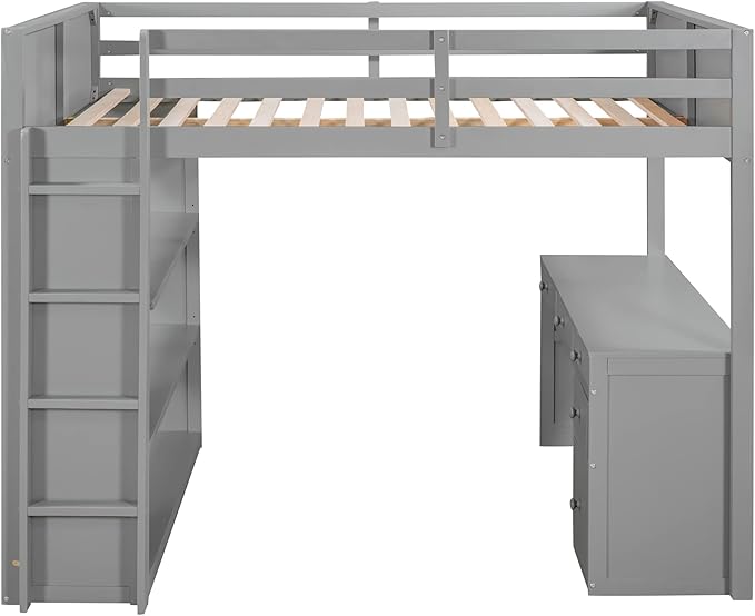 CITYLIGHT Full Loft Bed with Desk and Shelves,Wooden Full Size Loft Bed with Desk and Storage Drawers, Space Saving Loft Bed Full for Kids Girls Boys (Full,Grey)