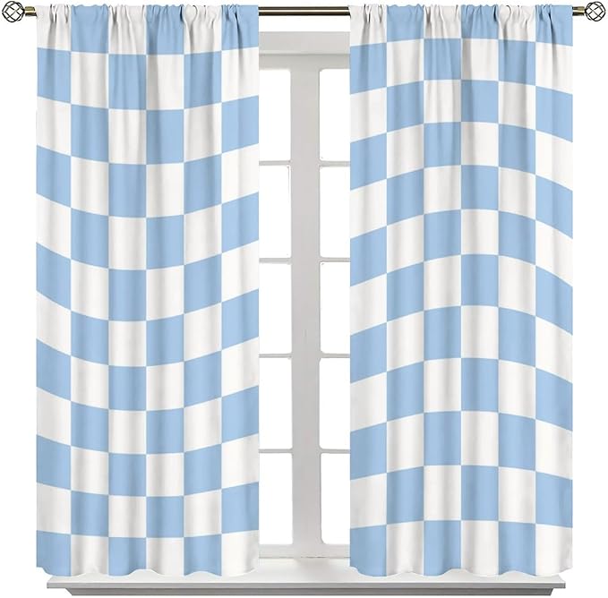 Blue Checkered Curtains,70s Vintage Twisted Checkered Window Drapes Colorful Groovy Trendy Wavy Hippie Grid Print Window Treatments for Kids Girls Bedroom Living Room 42" W X 54" L