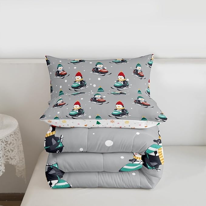 Feelyou Christmas Comforter Set All Season Gray Penguin Bedding Set with 1 Pillow Cases Cartoon Penguin Skiing Microfiber Kids Twin Bedclothes Snowflake Bedroom Decor Duvet Quilt Breathable Soft