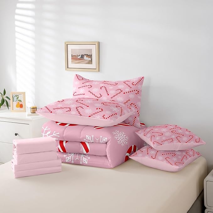 Erosebridal Xmas Candy Cane Queen Bedding Set 7 Piece,Merry Christmas Bed in A Bag for Kids Boys Girls,White Snowflake Comforter Set Pink Christmas Ornaments Sheet Set with Comforter