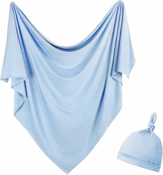 Newborn Swaddle Blanket with Hat Set Baby Swaddle Set Hospital Receiving Blankets for Girls Boys(Babyblue)