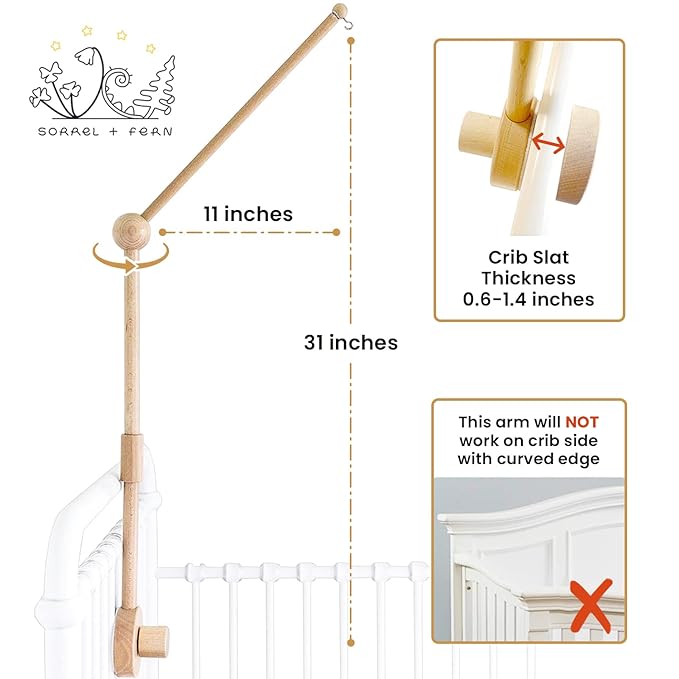 Baby Crib Mobile Arm Wooden Holder - Baby Mobile Hanger for Crib (31 inch, 100% Natural Beech Wood) Strong Anti Slip - Nursery Decor & Gift Accessories (Original)
